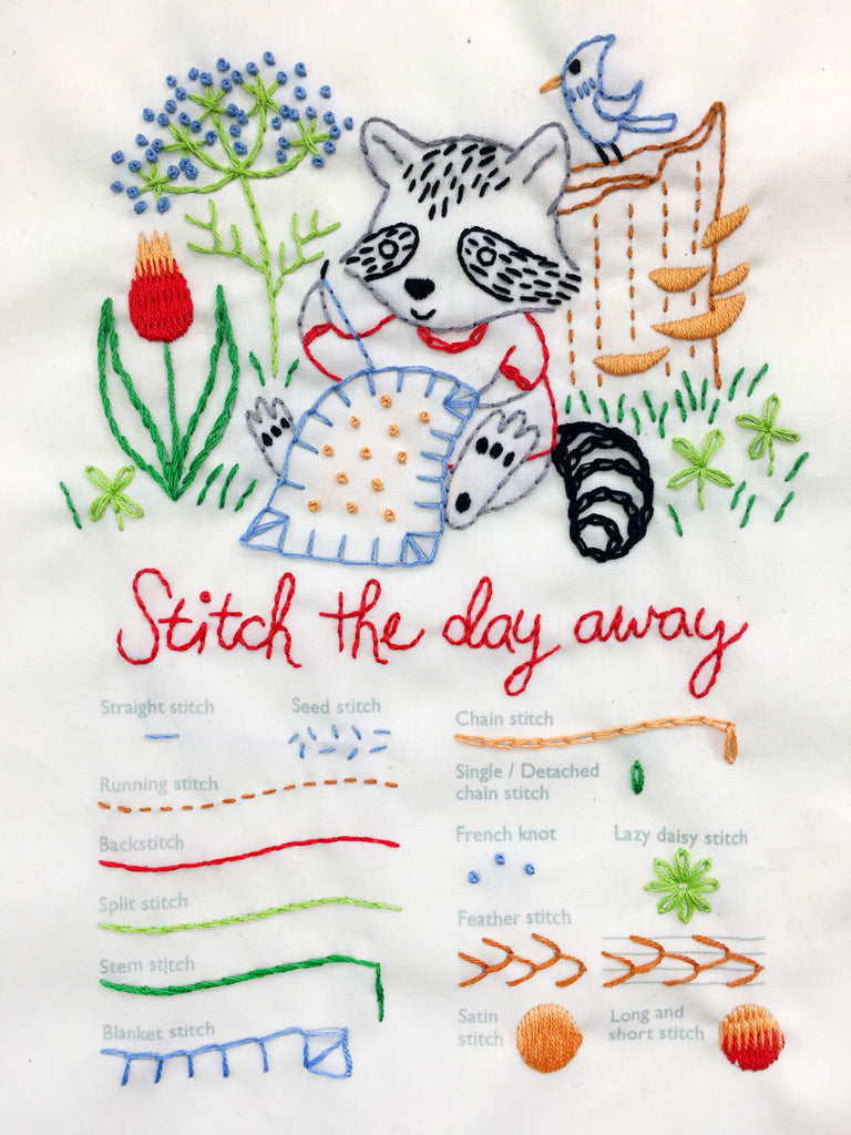 Image of finished Stitching Raccoon Sampler