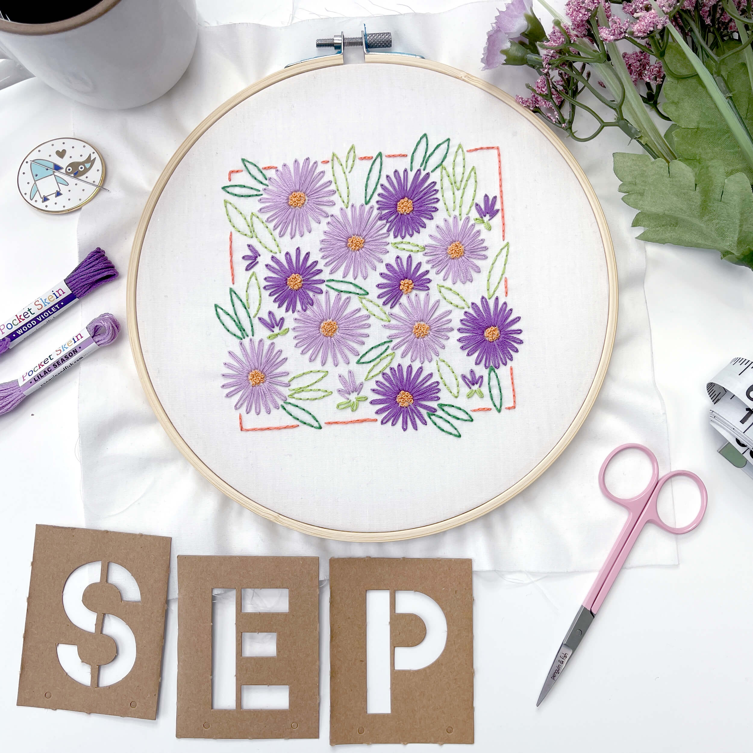 September Aster embroidery pattern in a hoop with letters SEP