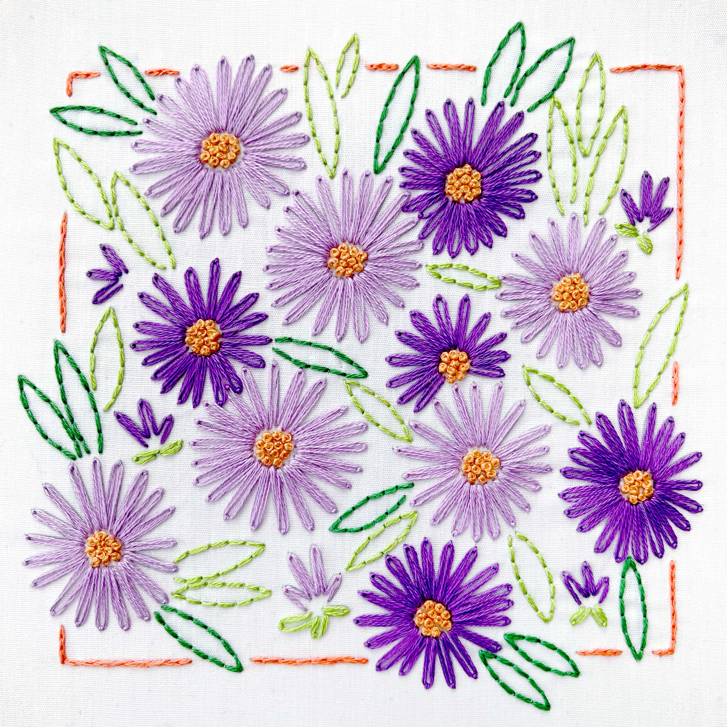 Finished September Aster flower embroidery pattern, square