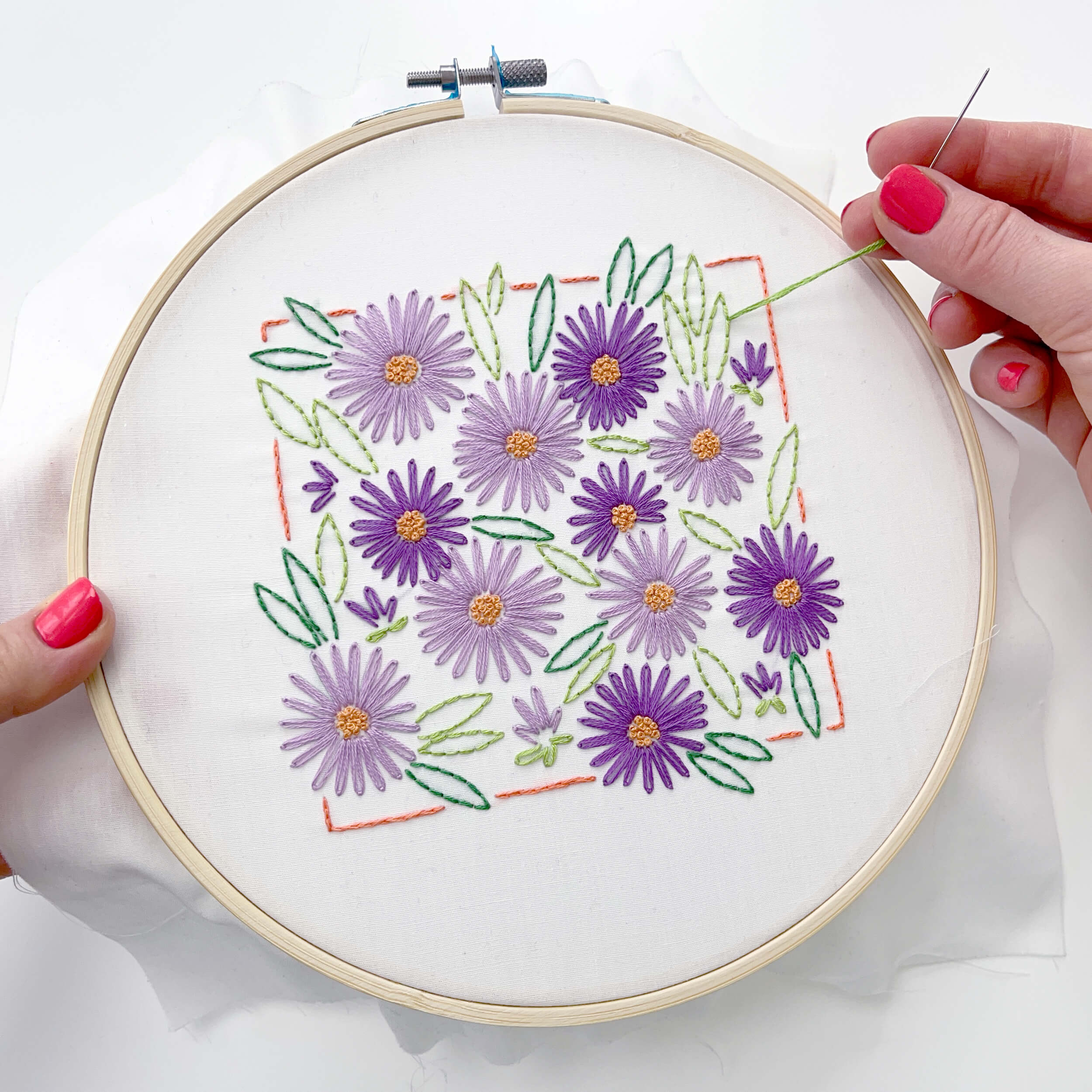 hand stitching aster flower embroidery pattern