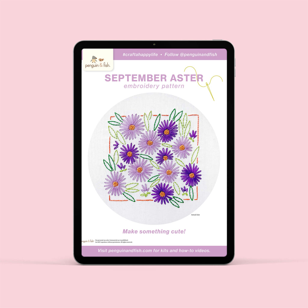 September Aster PDF embroidery pattern shown on an ipad