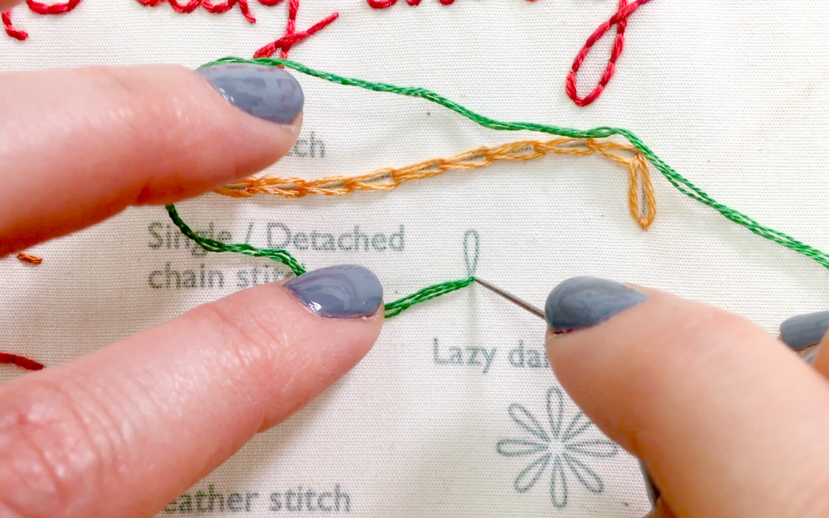 Image of stitching the single/detached chain stitch