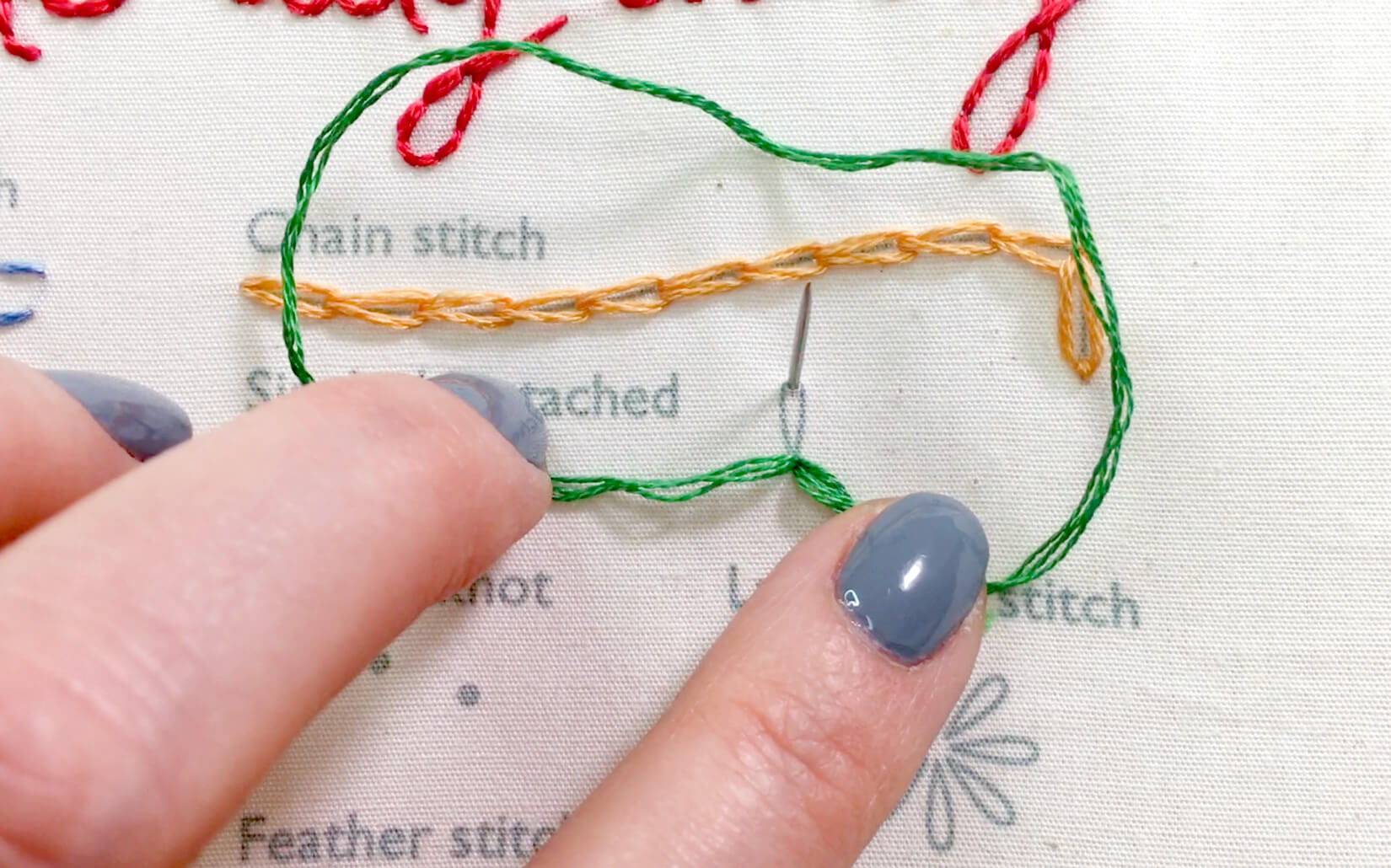 Image of stitching the single/detached chain stitch