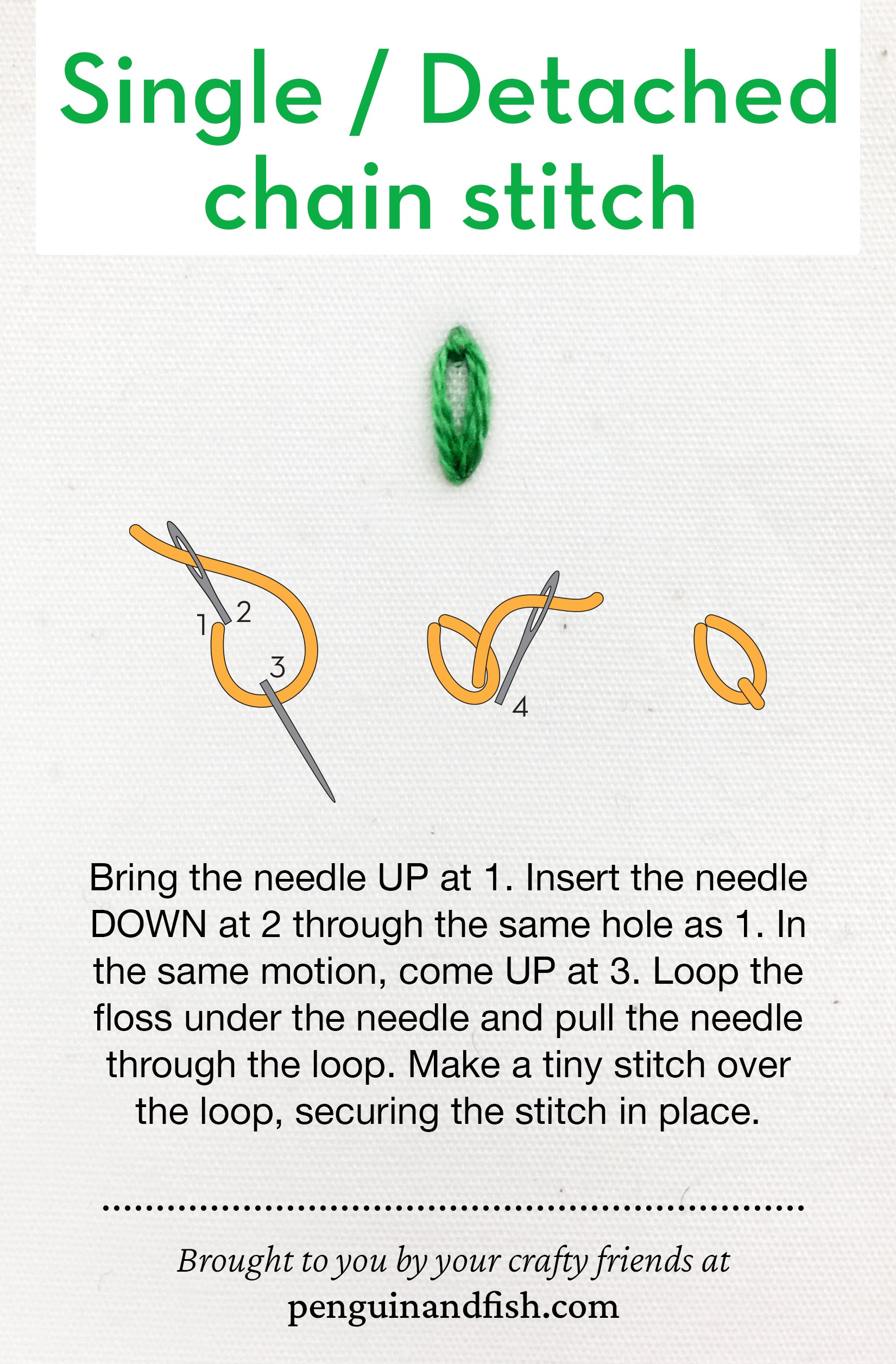 Single/detached chain stitch diagram for Pinterest