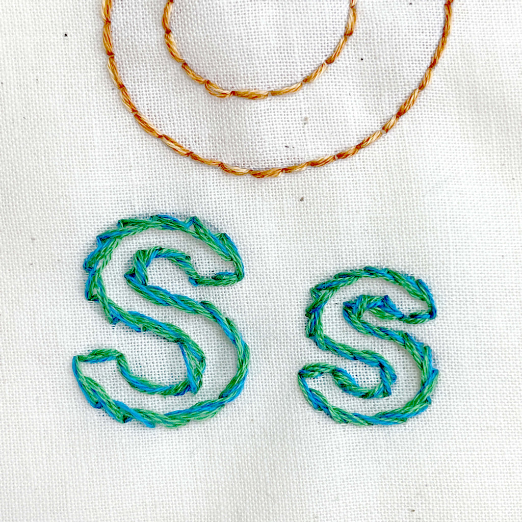 S letters embroidered with stem stitch