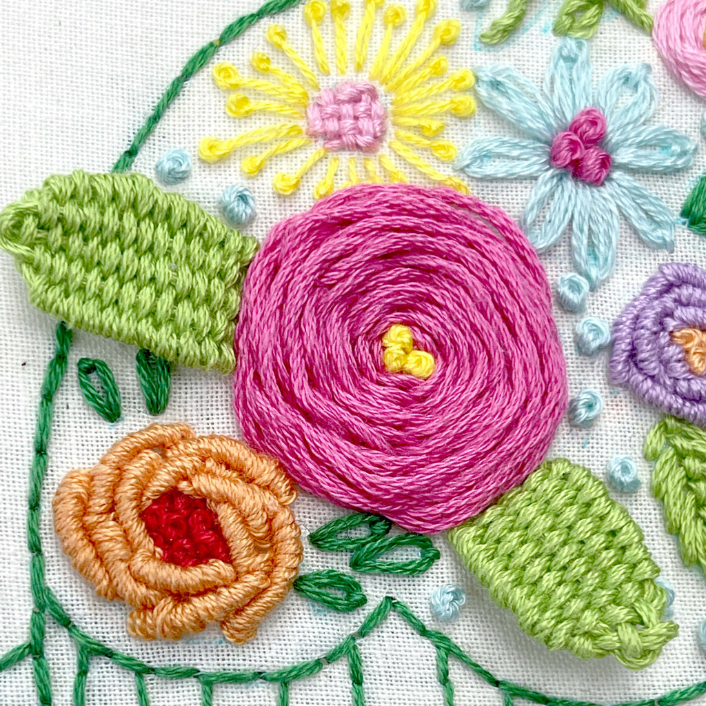 hand embroidery rose flower and picot leaves