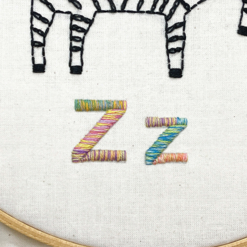 satin stitched letter Zz's with a variety of colors