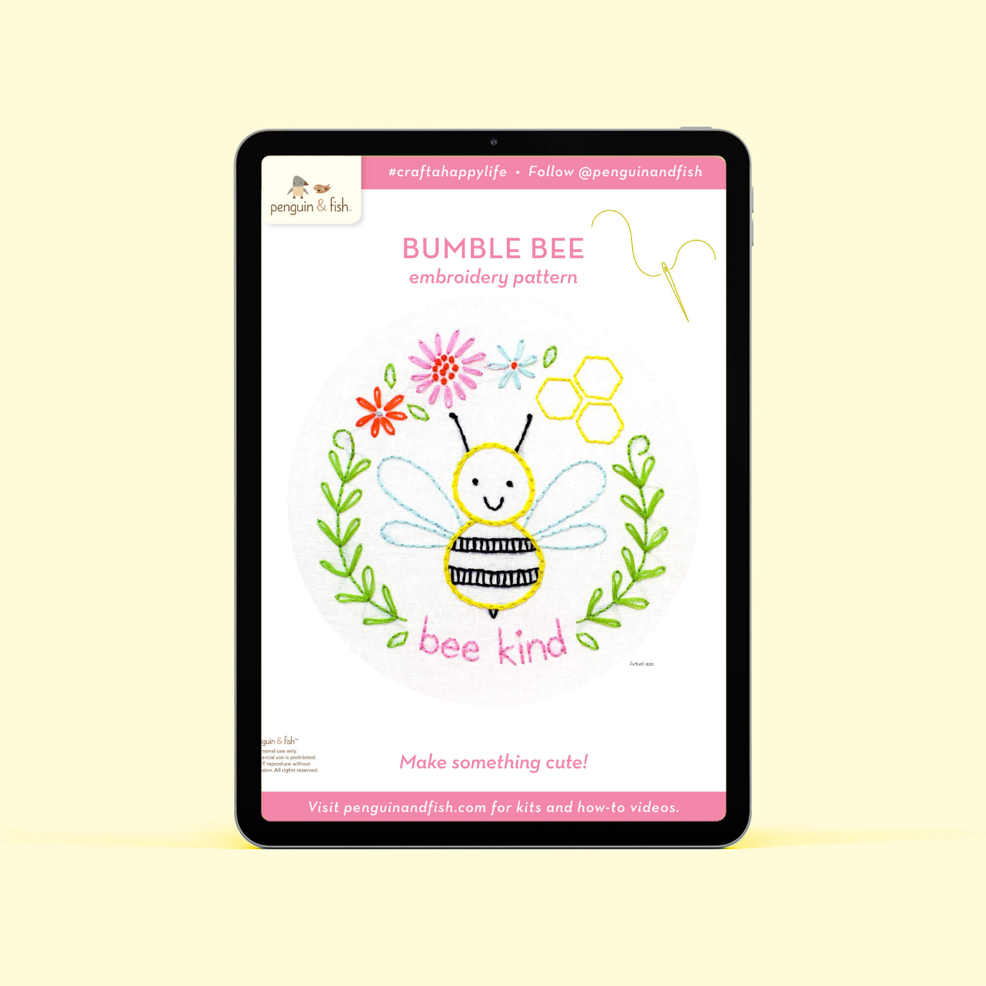Bumblebee PDF embroidery pattern shown on a tablet