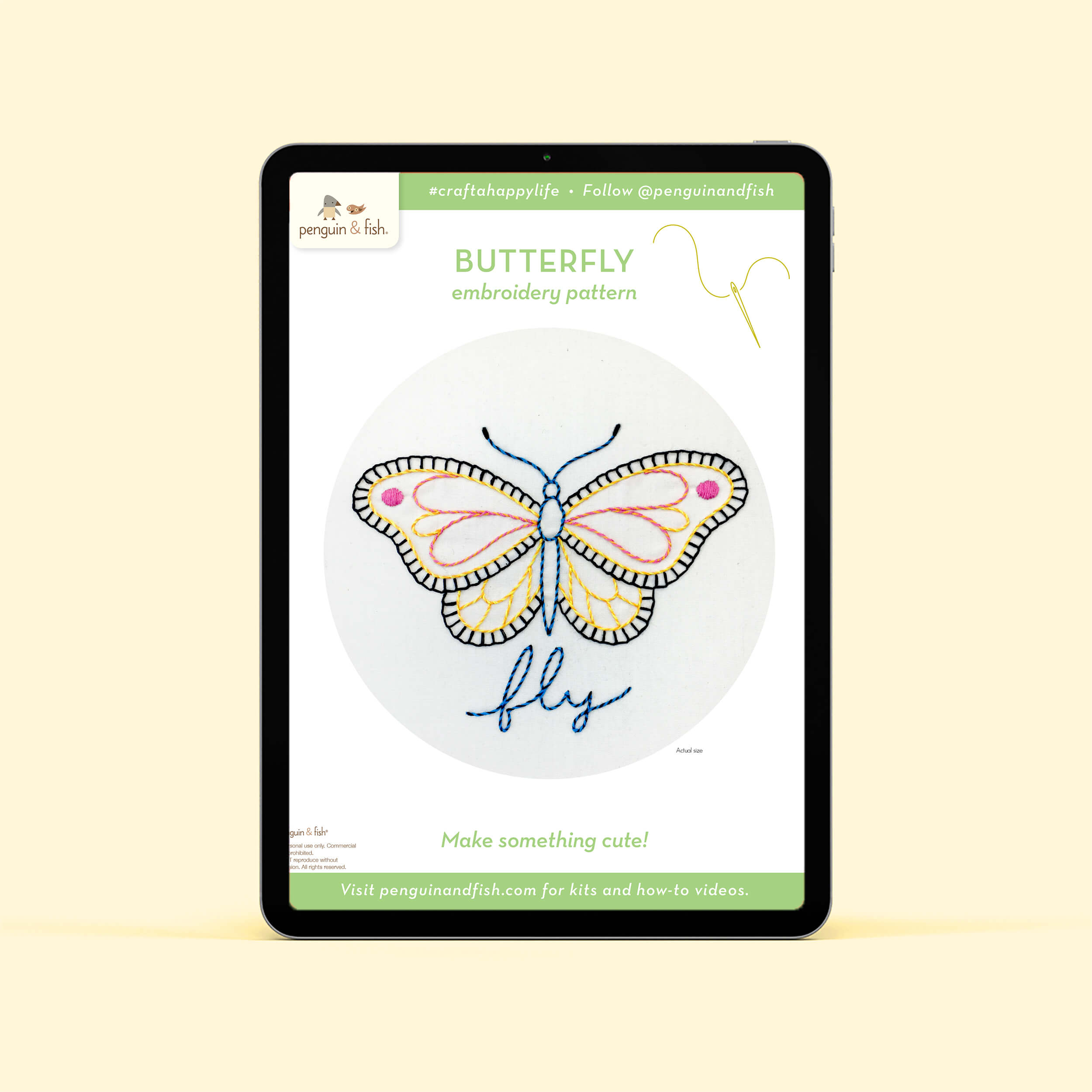 Butterfly PDF embroidery pattern shown on a tablet