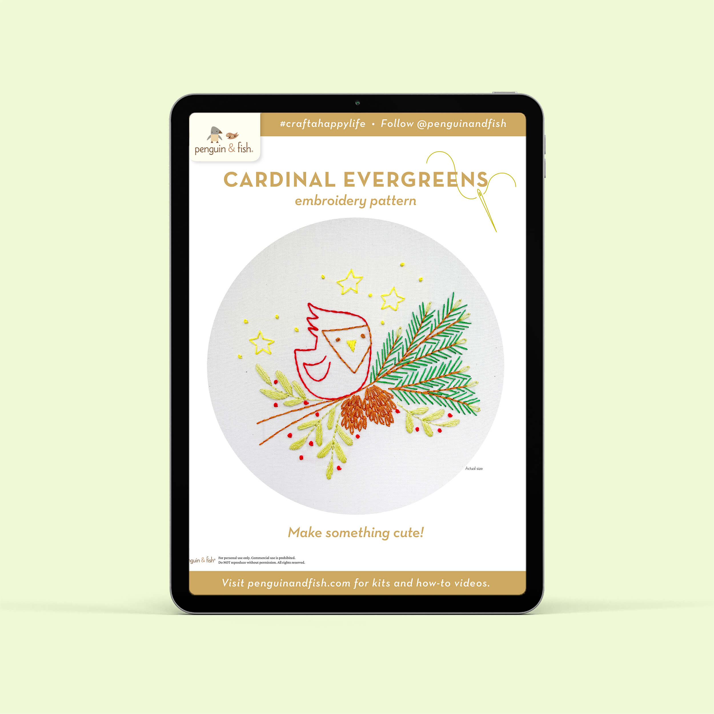 Cardinal Evergreens PDF embroidery pattern shown on a tablet