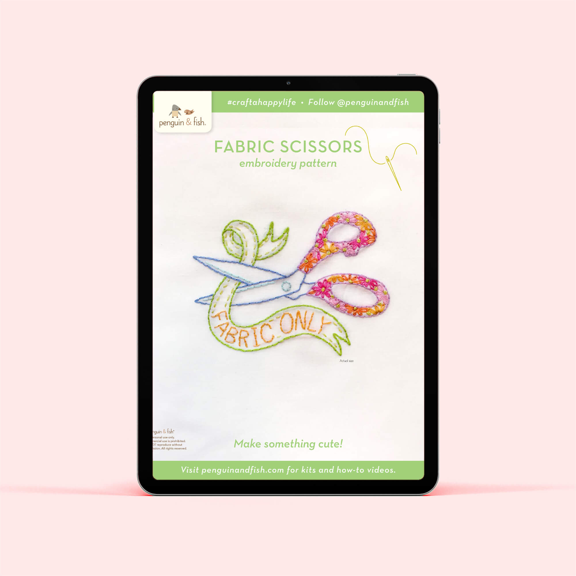 Fabric Scissors PDF embroidery pattern shown on a tablet