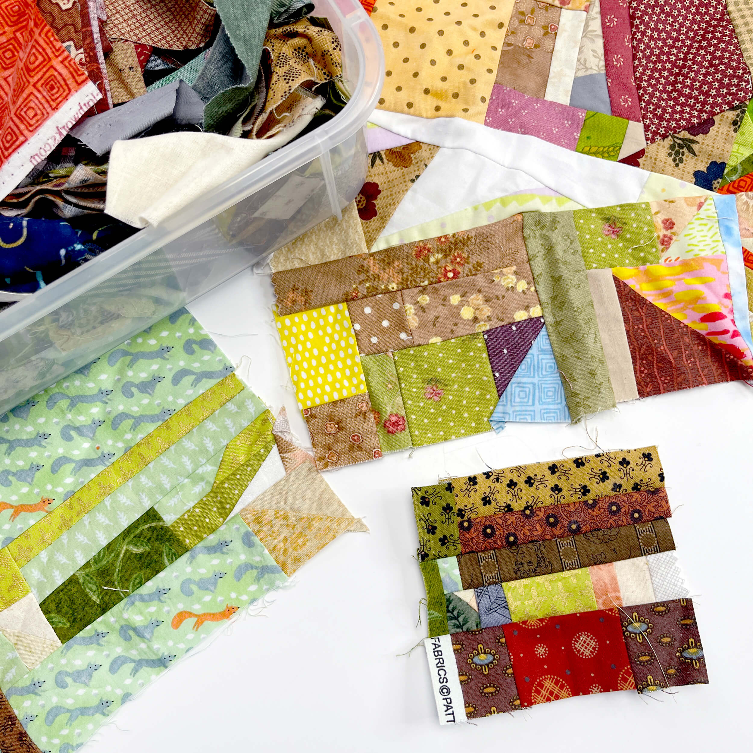 a pile of scrap fabric with several pieces that have been improve pieced together.