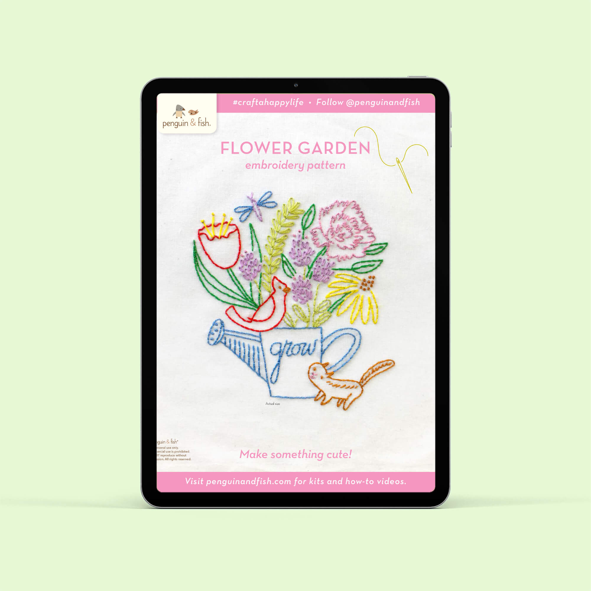 Flower Garden PDF embroidery pattern shown on a tablet