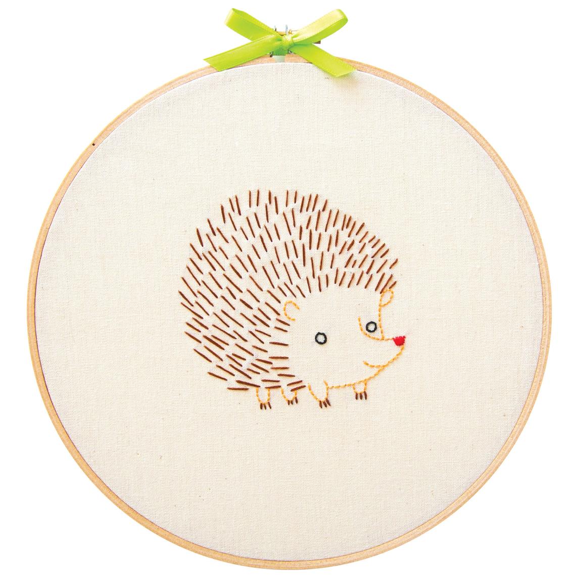 Hedgehog embroidery kit shown in an 8-inch hoop