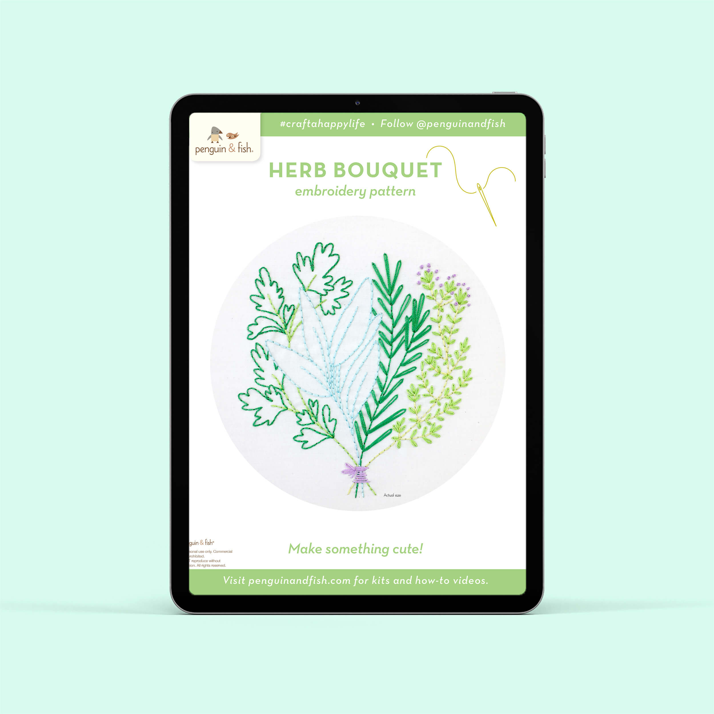Herb Bouquet PDF embroidery pattern shown on a tablet