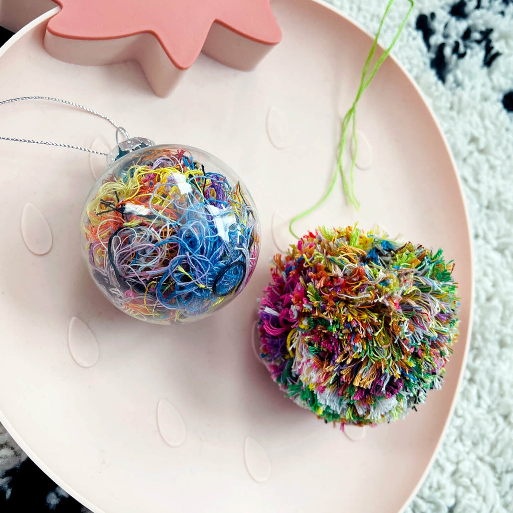 embroidery floss scrap ornament and pom-pom