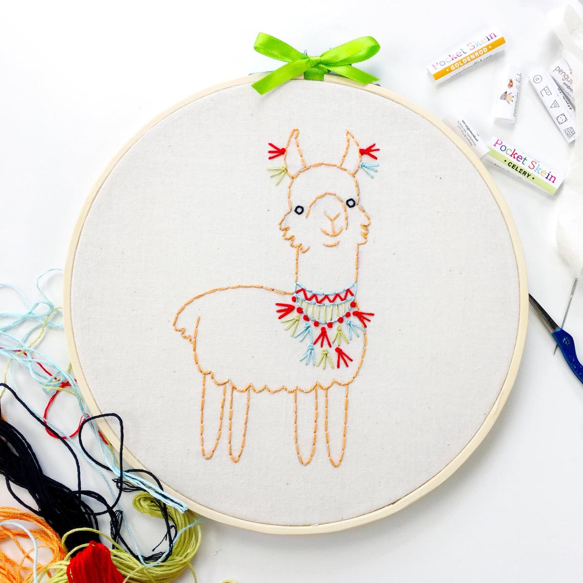 Llama embroidery kit shown in an 8-inch hoop