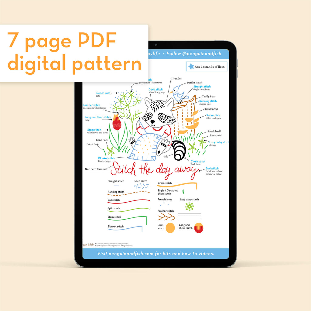 PDF embroidery pattern of the Stitching Raccoon Sampler