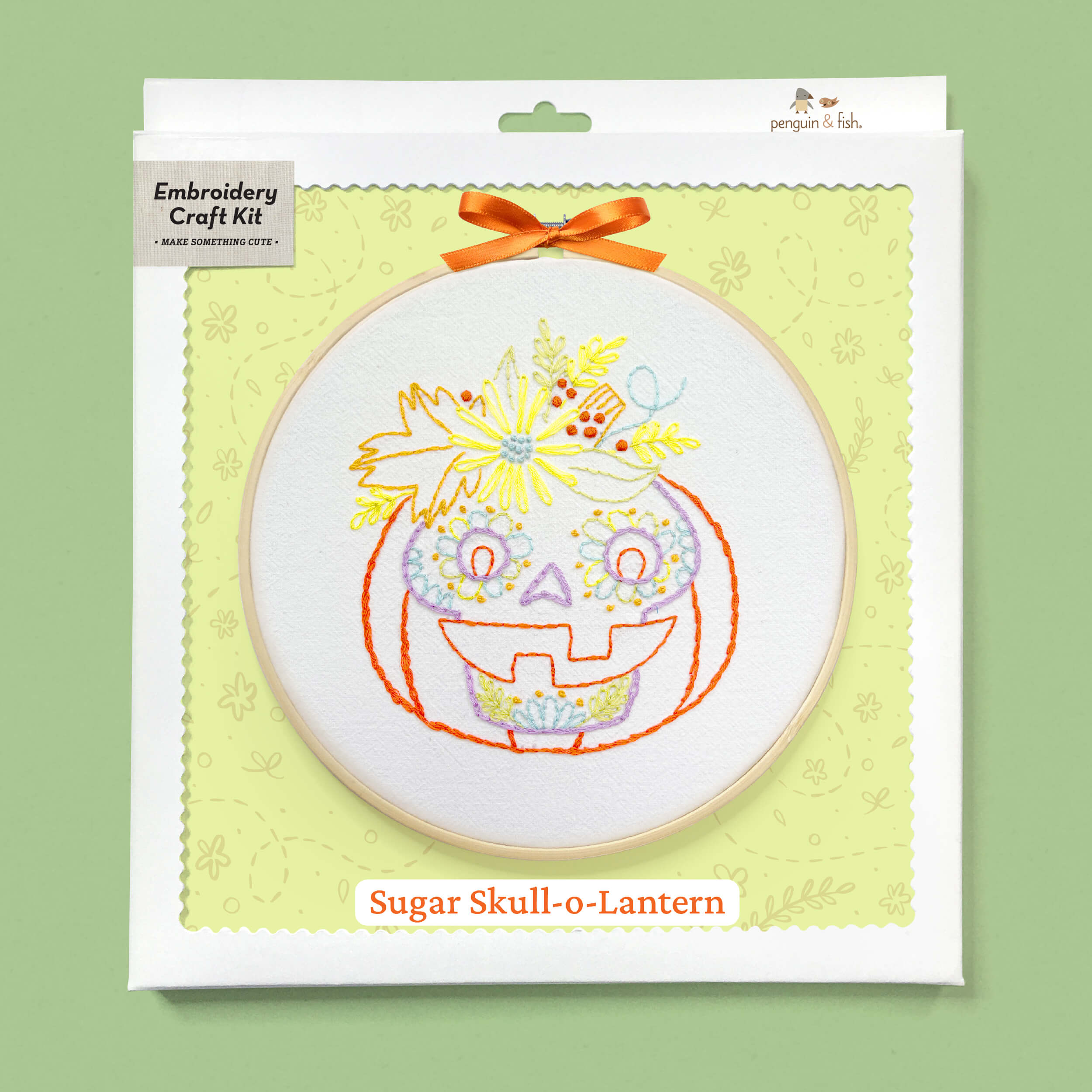 Sugar Skull-O'-Lantern embroidery supplies kit in a box