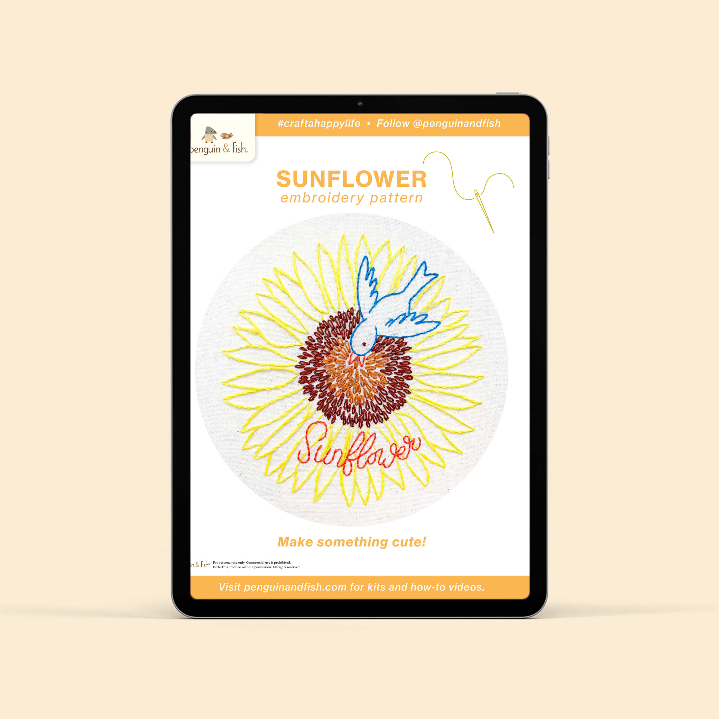 Sunflower PDF printable pattern shown on a tablet