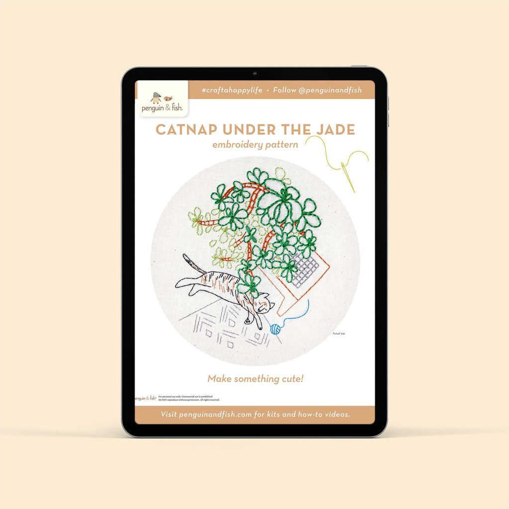 Pattern for Catnap Under the Jade, PDF version shown on the tablet