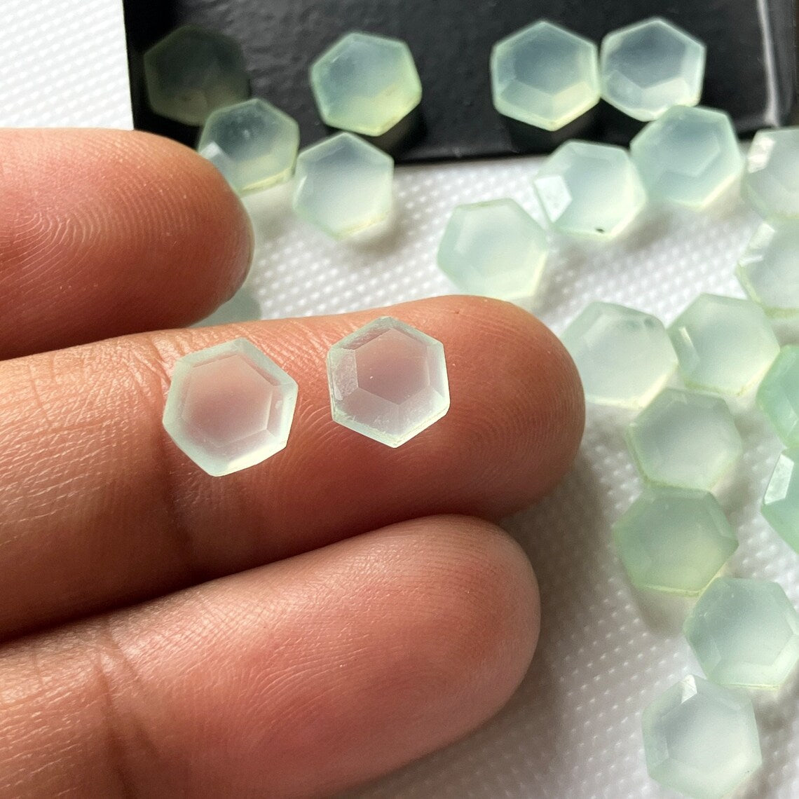 12 Pieces 6mm Aqua Chalcedony Hexagon Shaped Faceted Rose Cut Loose Gemstones, Aqua Chalcedony Flat Back Faceted Cabochon, SKU-C7