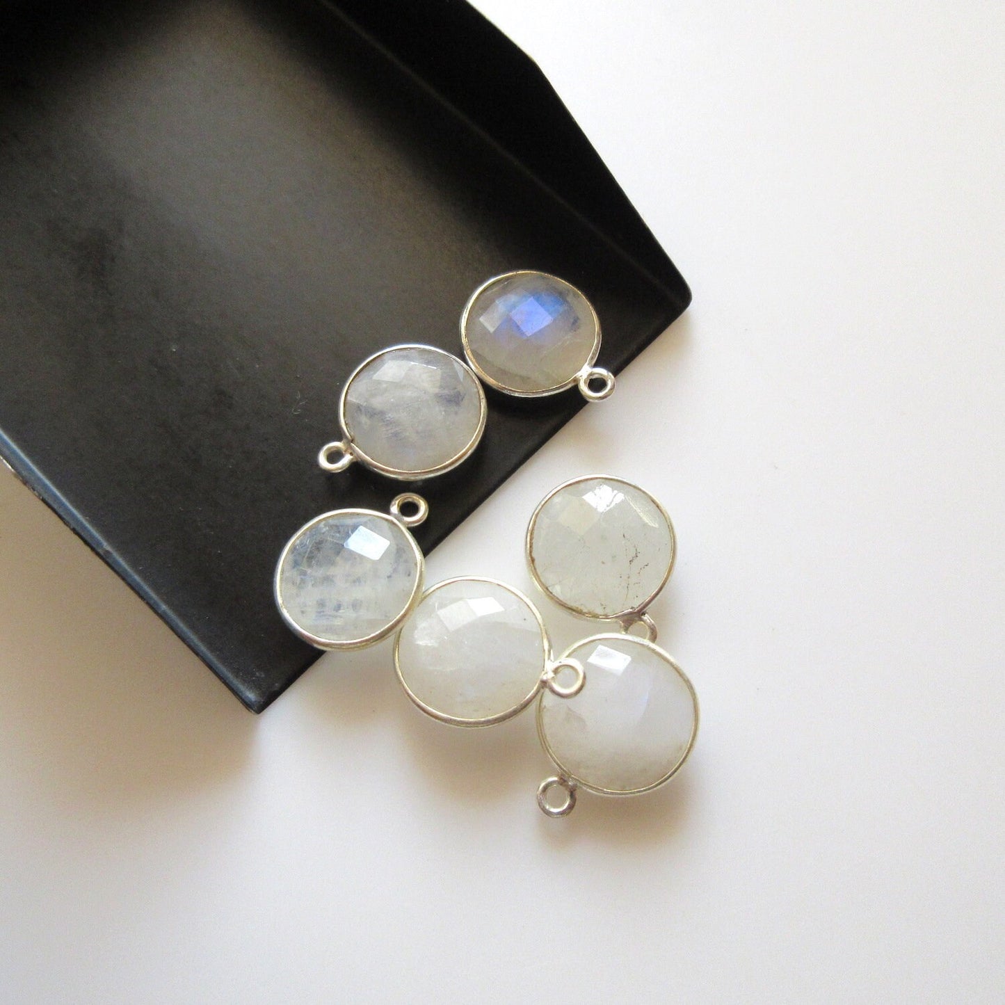 10 Pieces Rainbow Moonstone Faceted Coin Round Bezel Connectors, 7.5mm Sterling Silver Single/Double Loop Gemstone Connector Charms, GDS1609