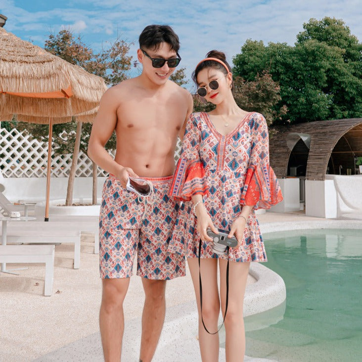 LKESWLE Couple Swimwear Small Chest Gathered Flat Angle Bikini Three-Piece  Sexy Female Swimsuit Loose Male Beach Pants (Color : D, Size : Men-2XL) :  : Clothing, Shoes & Accessories