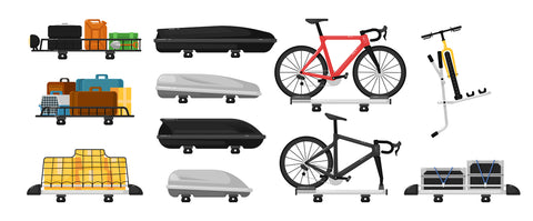 Graphic with different ways of transporting bicycles and camping accessories