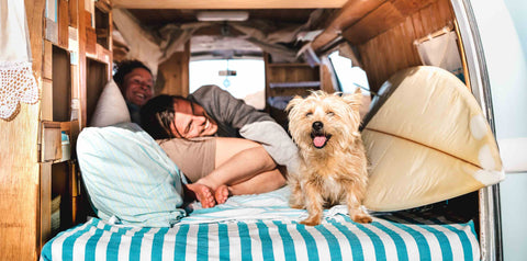 Couple with dog lies in bed in camper.