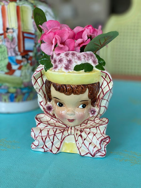 Vintage Lady Head Planter Mid Century Modern Bonnet and Bow (a couple of tiny chips)