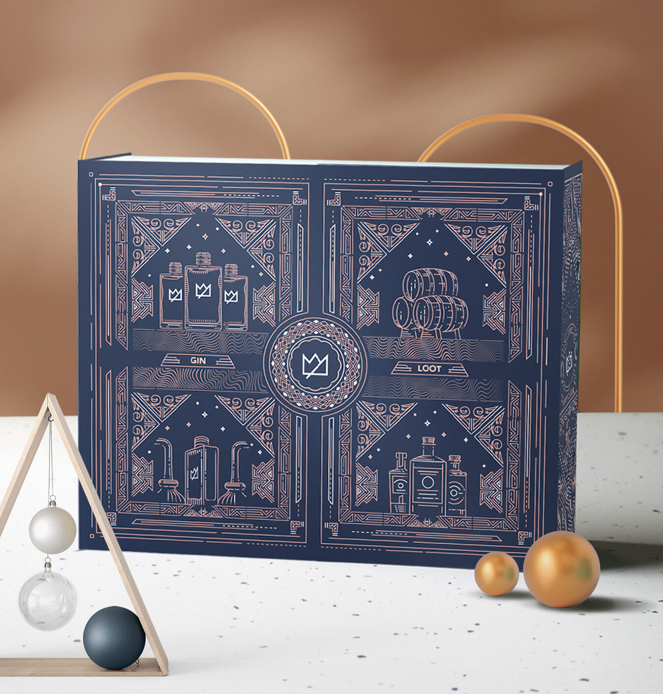 Elegant, dark blue advent calendar box with intricate line art design, surrounded by modern decorative elements.