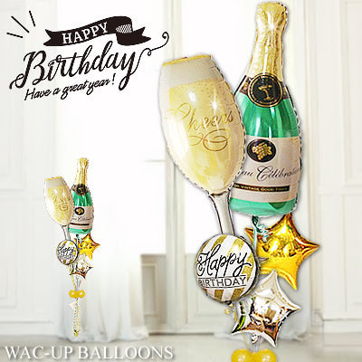 大人向け 誕生日祝い サプライズ - 誕生日ブラックゴールドグリッター&シャンパンボトルとグラス スター5バルーンセット <補充用ヘリウムガス付・本州送料無料>