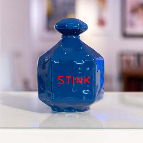 David Shrigley Sculpture, perfume bottle by David Shrigley, blue perfume bottle, sculpture, ceramic, STINK by David Shrigley