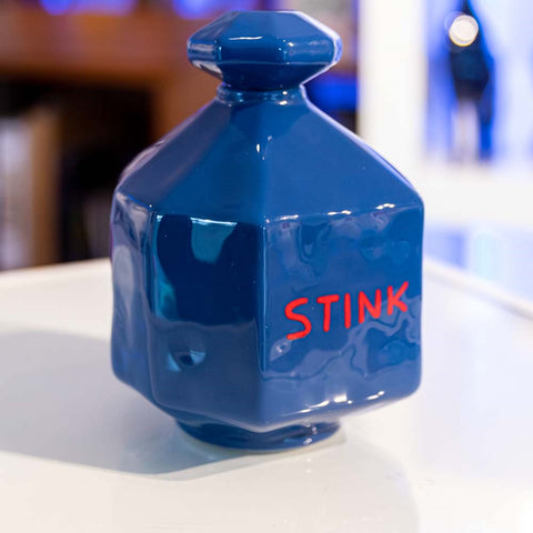 David Shrigley Sculpture, perfume bottle by David Shrigley, blue perfume bottle, sculpture, ceramic, STINK by David Shrigley