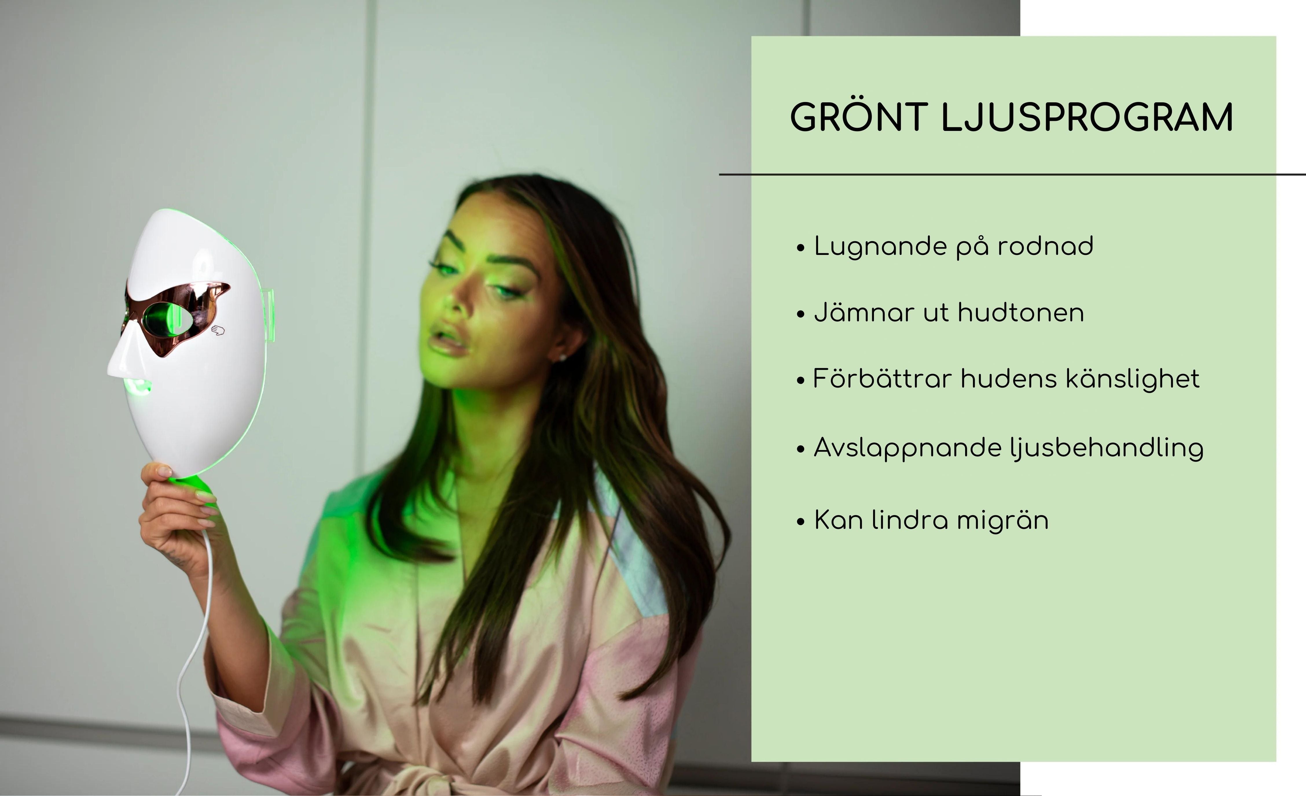 Grönt ljusprogram på LED-mask lugnar rodnad, jämnar ut hudtonen och förbättrar hudens känslighet.