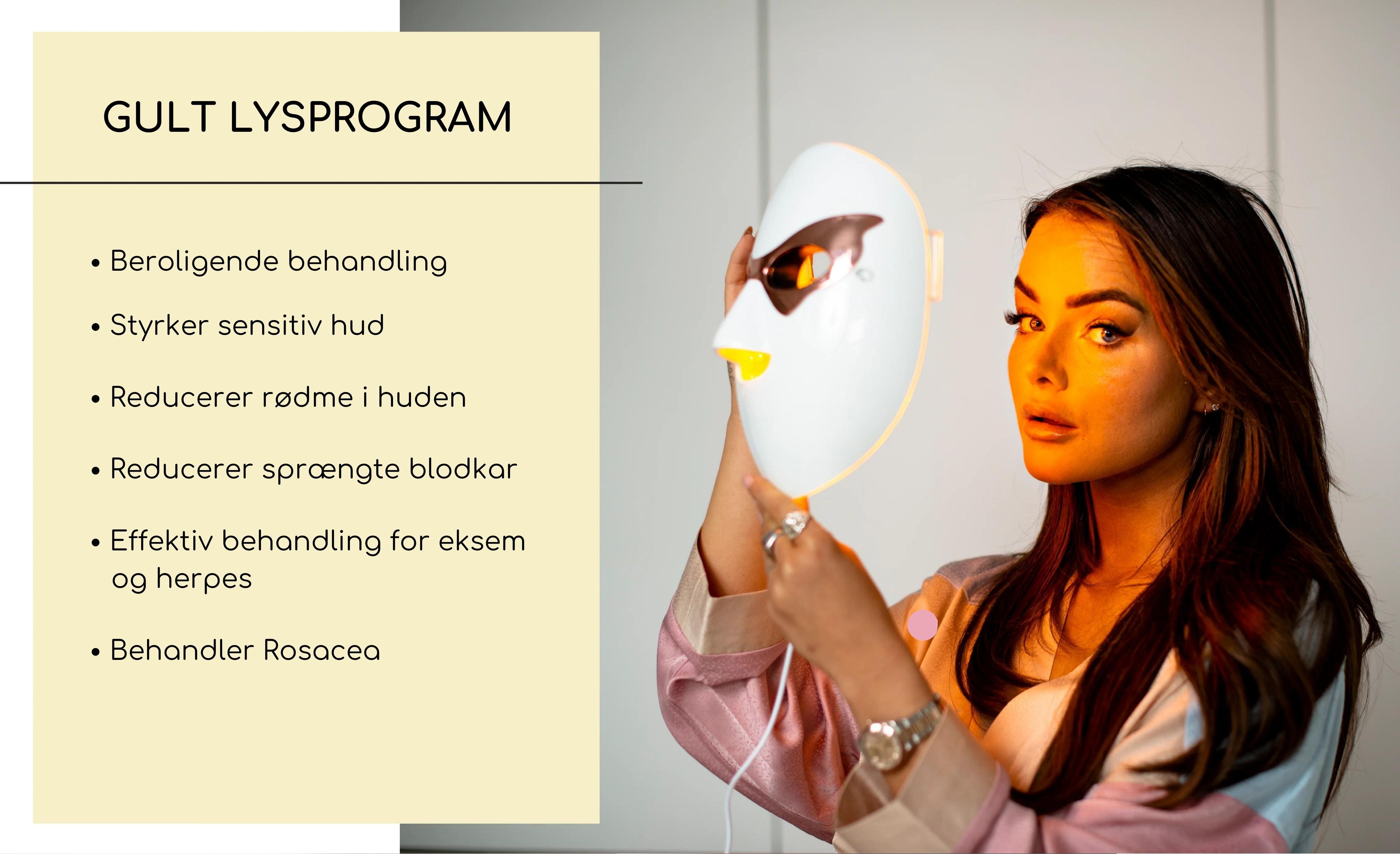 Gult lysprogram på LED-maske tilbyder beroligende behandling, styrker sensitiv hud og reducerer rødme.