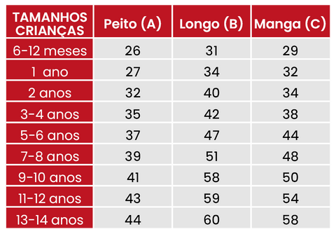 Guia de tamanhos Camisolas de Natal 734 crianças