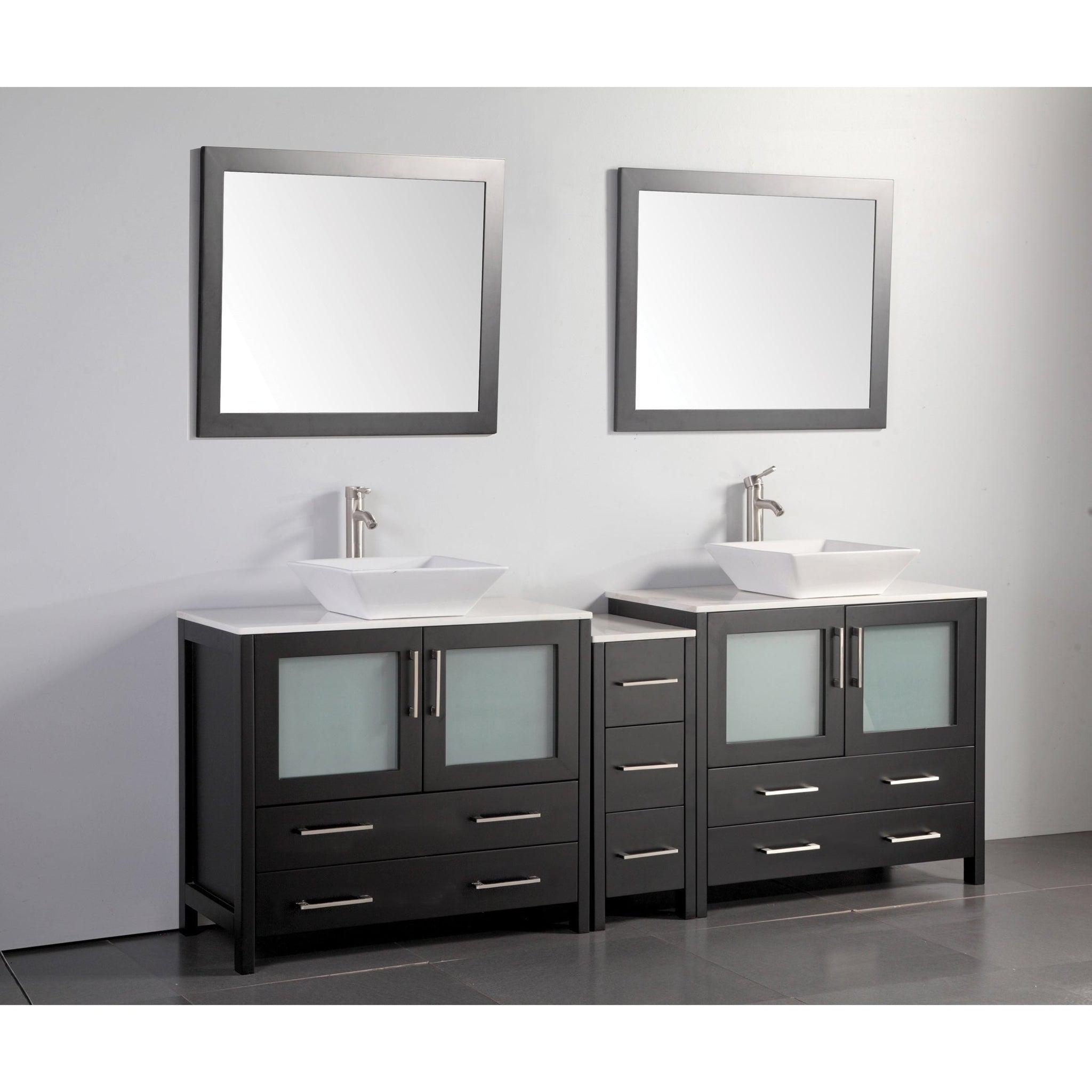 Vanity Art Ravenna 96 Double Gray Freestanding Vanity Set With White  Engineered Marble Top, 2 Ceramic Vessel Sinks, 2 Side Cabinets and 2 Mirrors