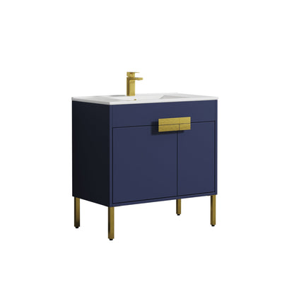 Blossom Bari 36" 2-Door Navy Blue Freestanding Single Vanity Base With Adjustable Shelf, Brushed Gold Handles & Legs