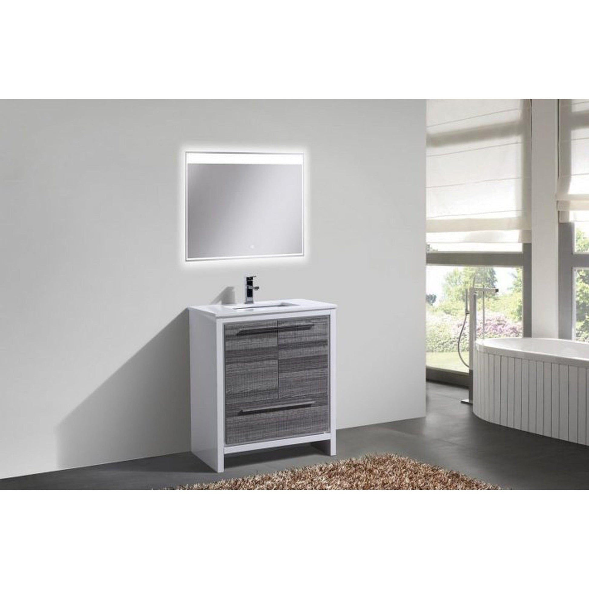 KubeBath Dolce 30" Ash Gray Freestanding Modern Bathroom Vanity With Quartz Vanity Top & Ceramic Sink With Overflow and 30" White Framed Mirror With Shelf