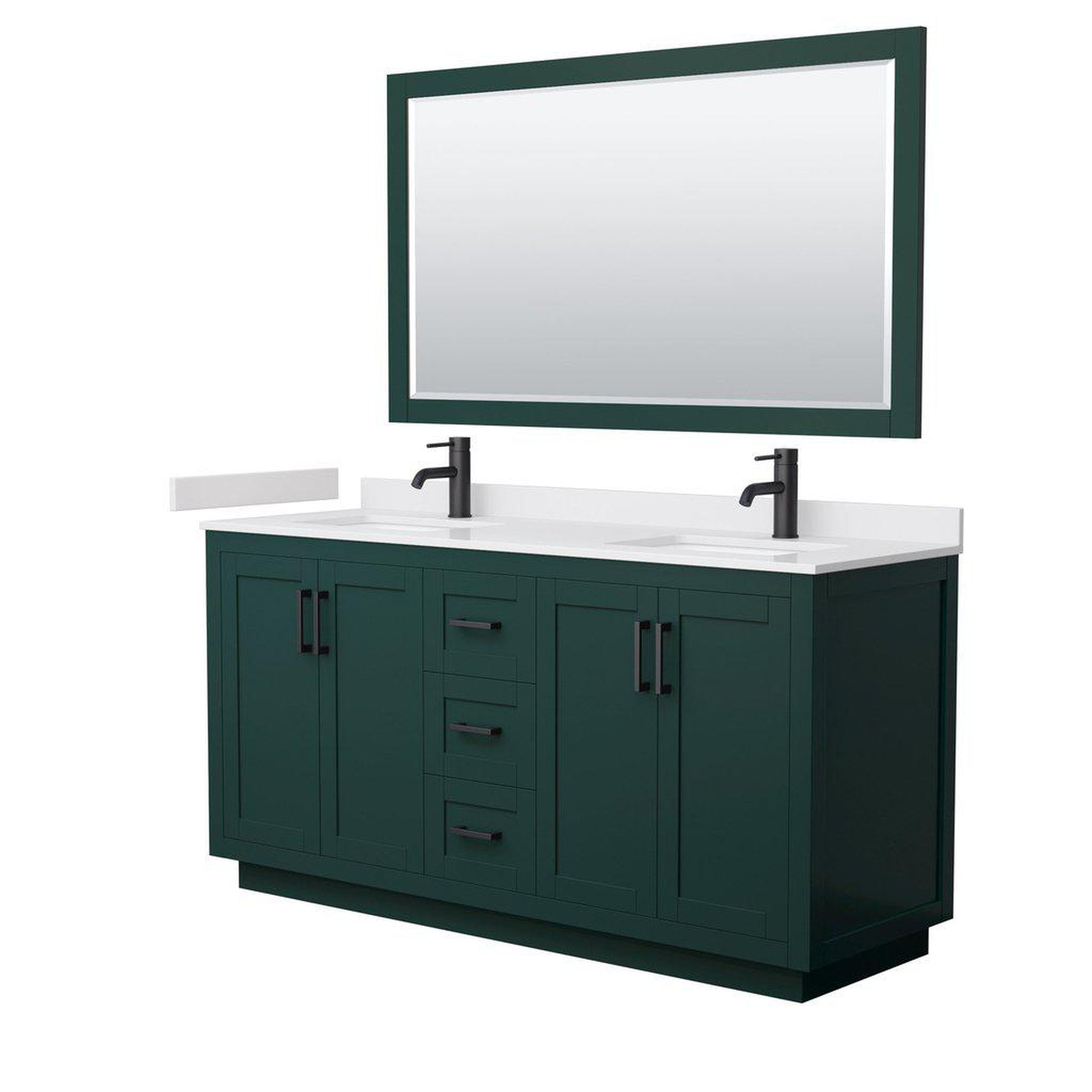 Wyndham Collection Miranda 66" Double Bathroom Green Vanity Set With White Cultured Marble Countertop, Undermount Square Sink, 58" Mirror And Matte Black Trim