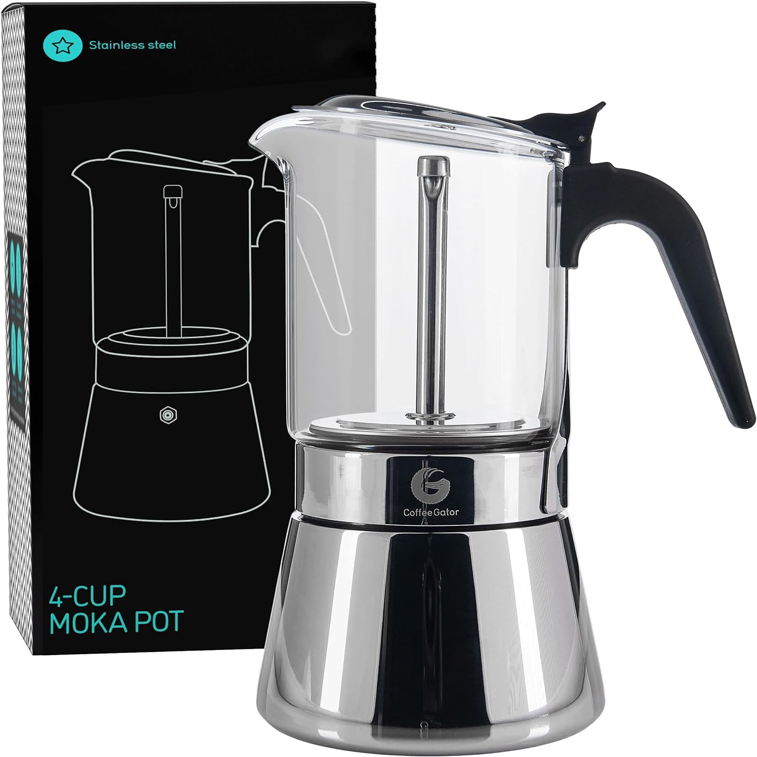 4 Cup Stovetop Moka Pot - Elegant Stainless Steel & Transparent Glass Design for Rich Espresso, 160ml Capacity in Sleek Silver