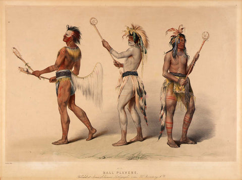 Illustration of traditional lacrosse sticks and players of North American Heritage