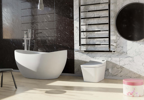 Photo that features Trone Cloe Freestanding Tub and Tahum Bidet Toilet.