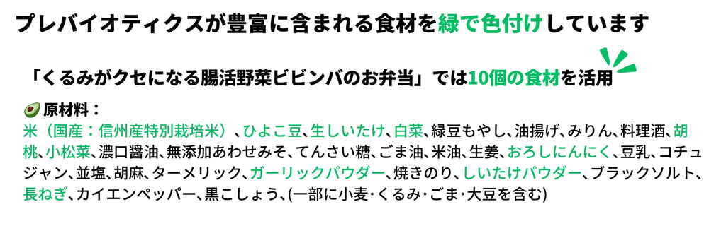 プレバイオティクスが豊富に含まれるくるみがクセになる腸活野菜ビビンバ弁当の原材料