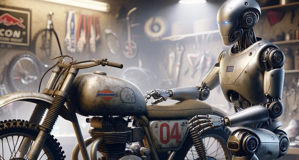 a robot repairing an old motocross motorcycle in a rugged garage setting