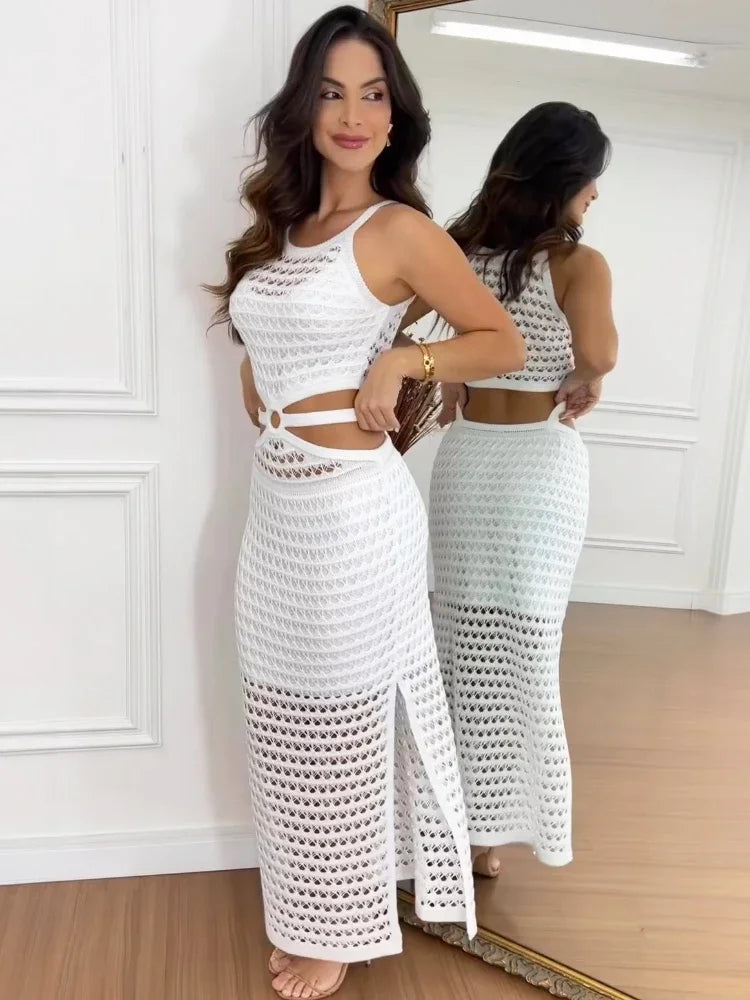 Zjkrl  -  Sexy Hollow Out Women Knit Maxi Dress High Waist Cut Out Mesh Sheer Elegant Sleeveless Hem silt Beach Party Dress Femme
