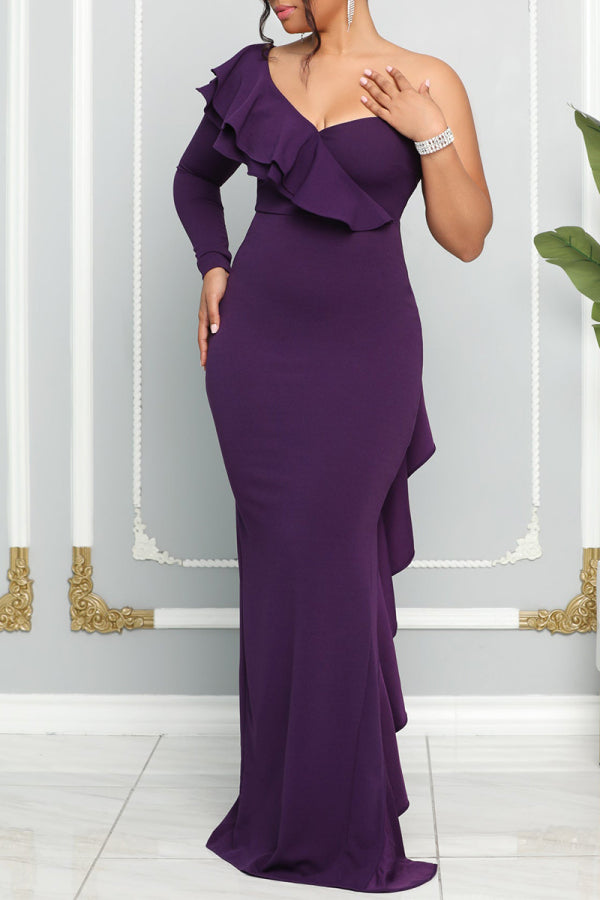 Zjkrl - Purple Elegant Formal Plain Patchwork Flounce One Shoulder Evening Dress Dresses