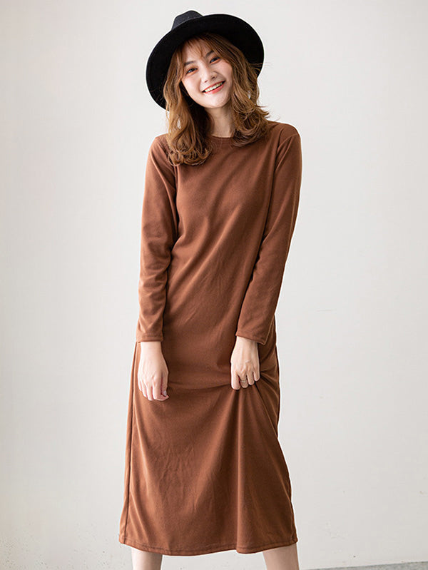 Zjkrl - Simple Solid Color Round-Neck A-Line Midi Dress